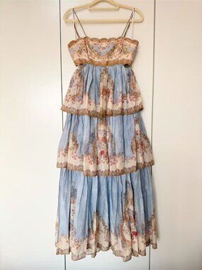 Zimmermann Silk Tiered Midi Dress Size 1 Blue Floral Lace-Up Corset Back Boho
